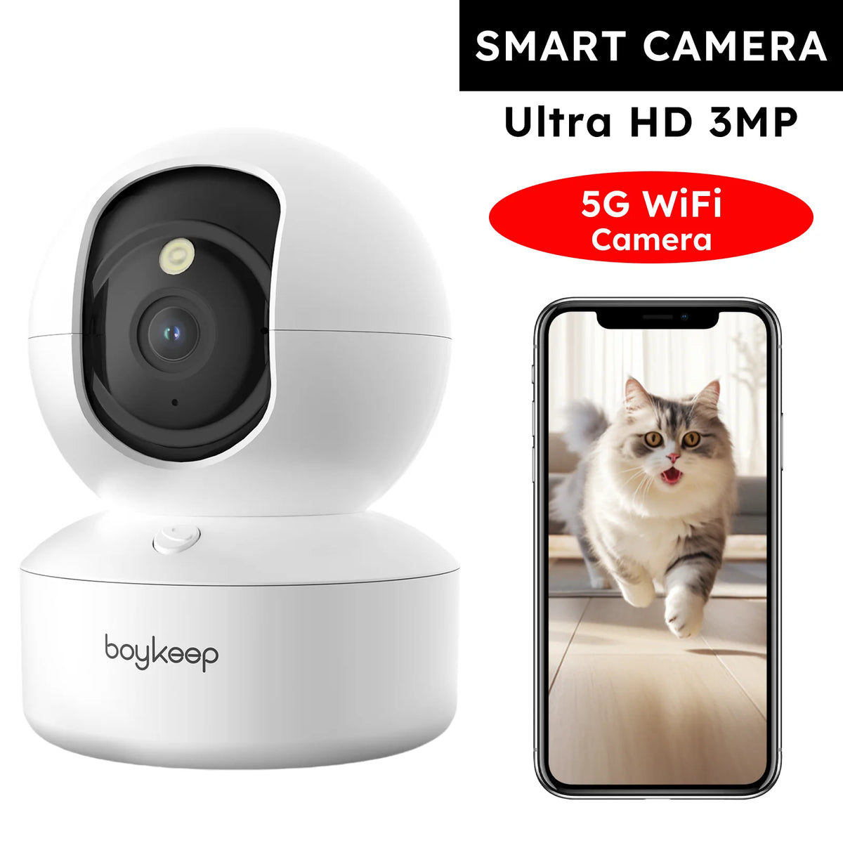Boykeep 2K Husdjurskamera – 5G WiFi, 360° Pan/Tilt & Nattseende